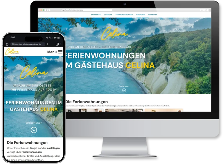 Mockup der Website Gästehaus Celina auf Rügen als Referenz für buchungsoptimierte Ferienwohnungs-Website von beluMedia