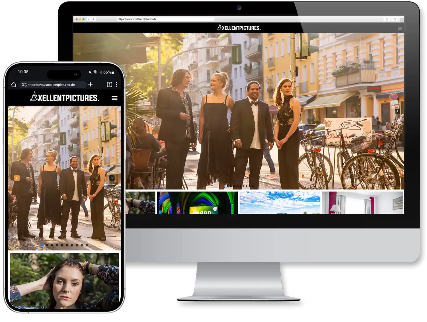 Fotografen-Portfolio als Website: So werden Sie online gefunden und gebucht 4 Fotografen-Website Axellentpictures auf Smartphone und iMac, mobil und desktop optimiert