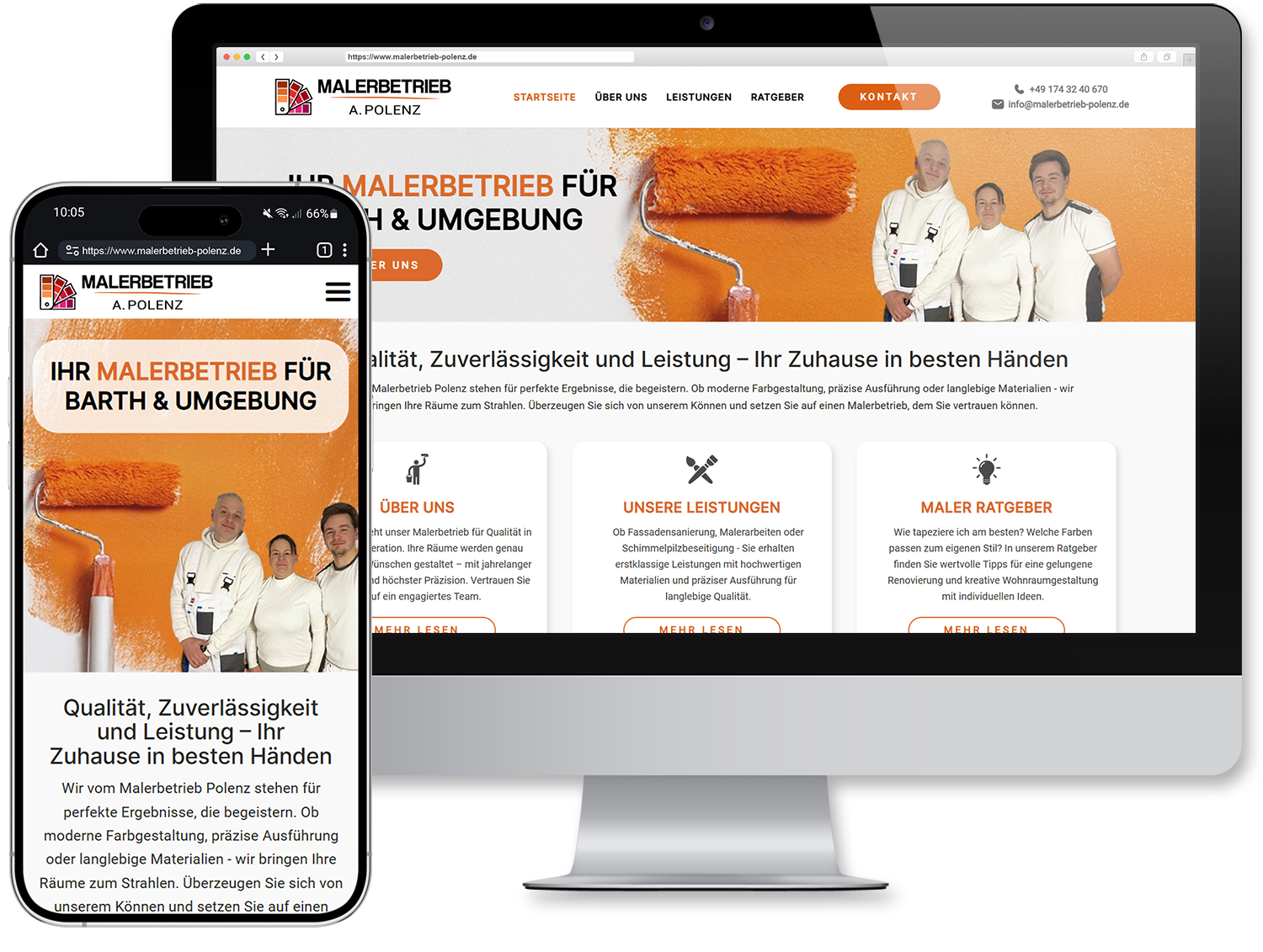 Startseite des Malerbetriebs Polenz auf Monitor und Smartphone mit orangefarbener Farbwalze und Team