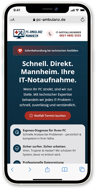 Responsive Webdesign für PC-Reparatur Service auf iPhone - PC Ambulanz Stralsund