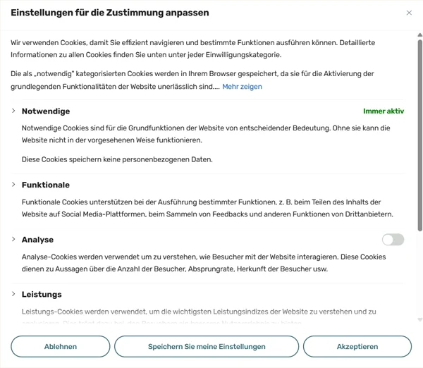 Screenshot eines DSGVO-konformen Cookie-Banners mit Opt-In-Optionen