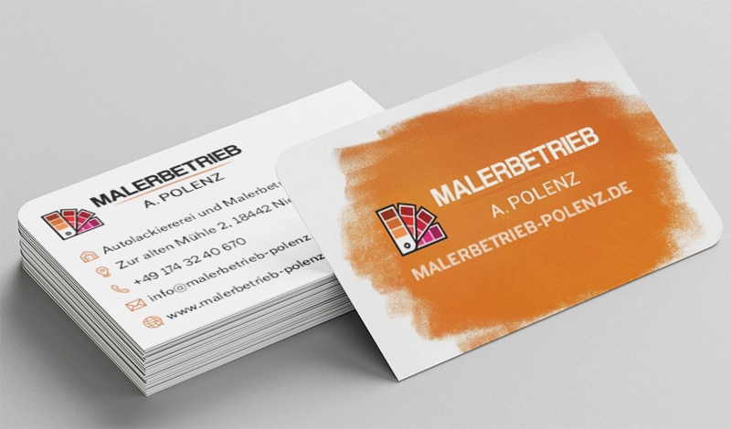 Visitenkarten Malerbetrieb Polenz - orangefarbenes Aquarell-Design mit Farbfächer-Logo