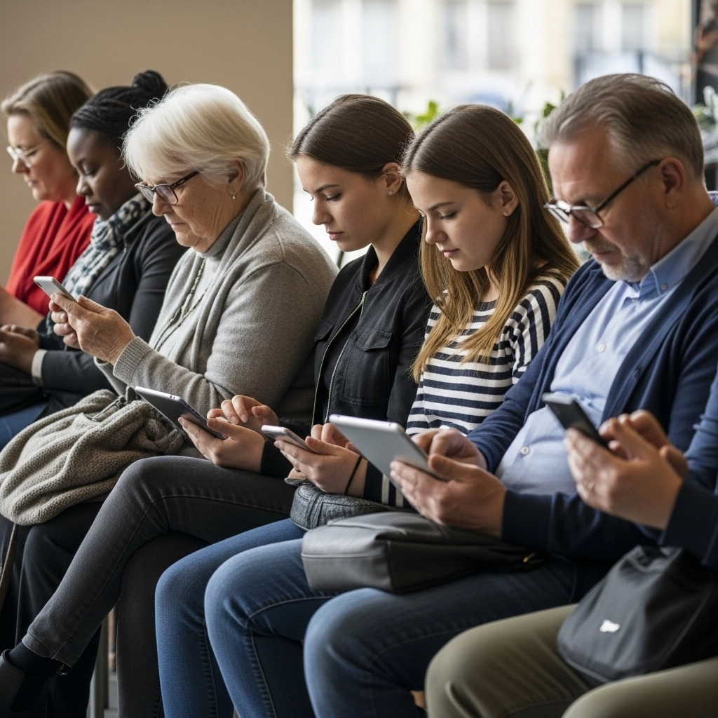 Diverse Gruppe von Menschen verschiedener Altersgruppen nutzt Smartphones