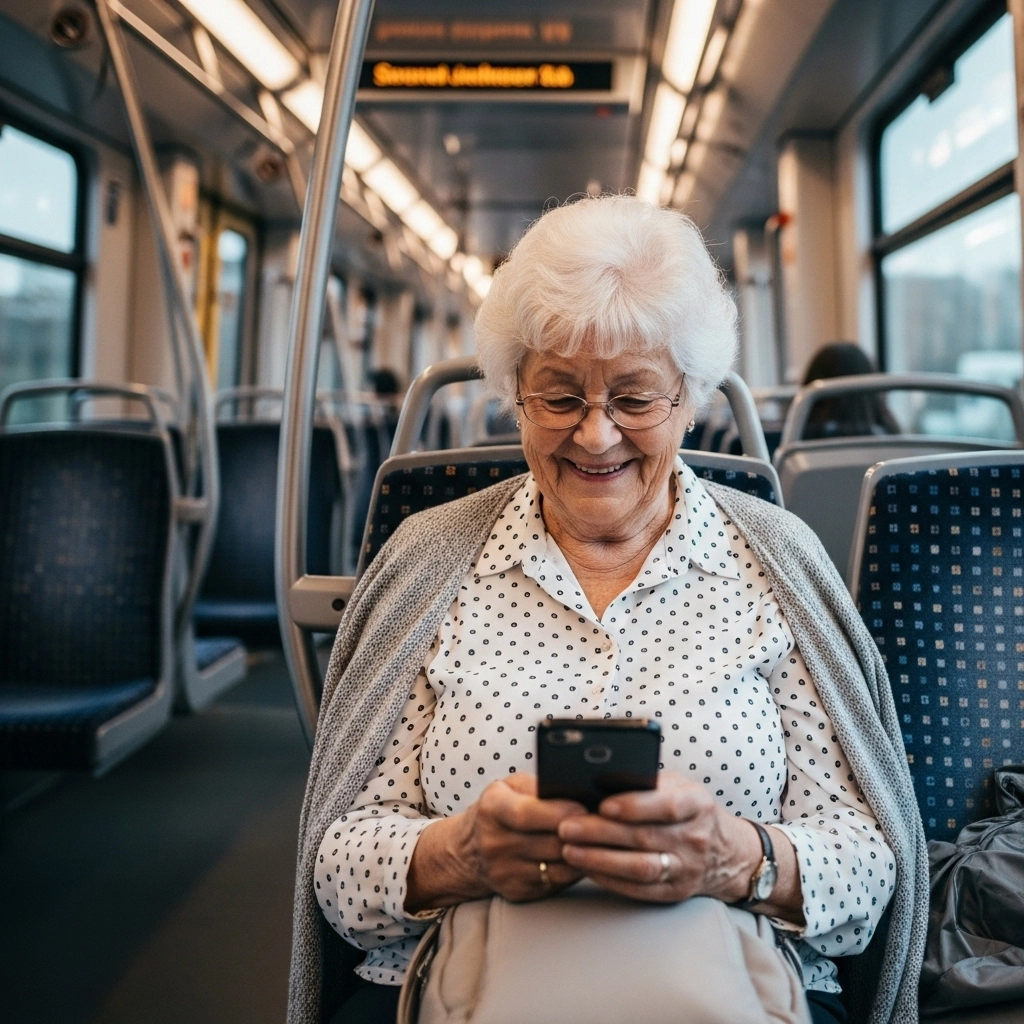 Ältere Frau sitzt in deutscher U-Bahn und schaut glücklich auf ihr Smartphone