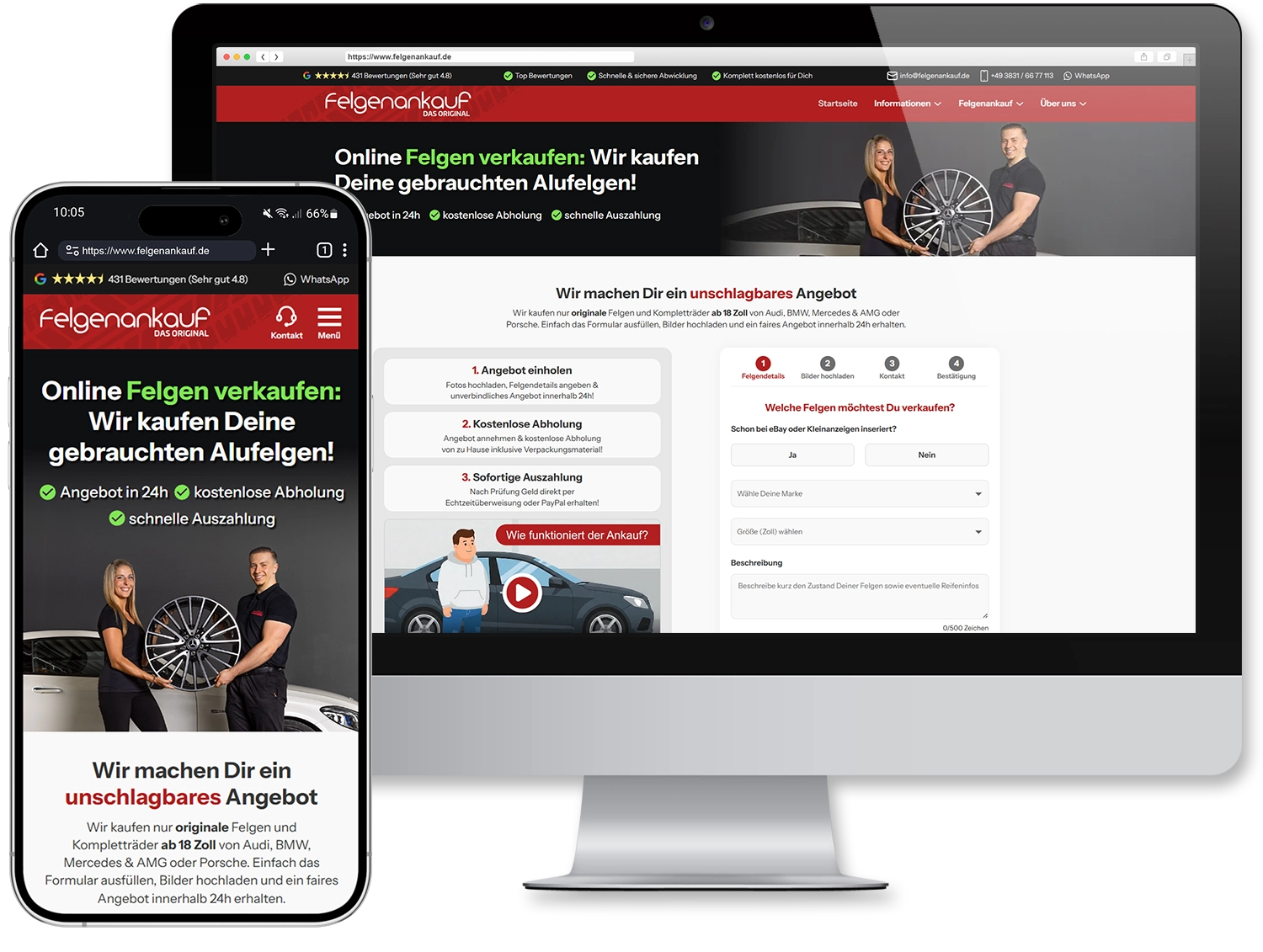 Responsive Webdesign Referenz von belumedia - Felgenankauf.de Website auf Desktop-Monitor und Smartphone mit modernem Design, Call-to-Action Buttons und Kontaktformular
