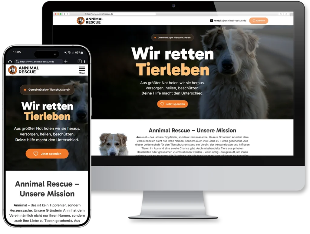 Responsive Webdesign – Annimal-Rescue.de Responsive Webdesign Referenz von beluMedia - Annimal-Rescue.de - Herzensprojekt ♥ Website auf Desktop-Monitor und Smartphone mit modernem Design, Call-to-Action Buttons und Kontakt- sowie Spendenformular
