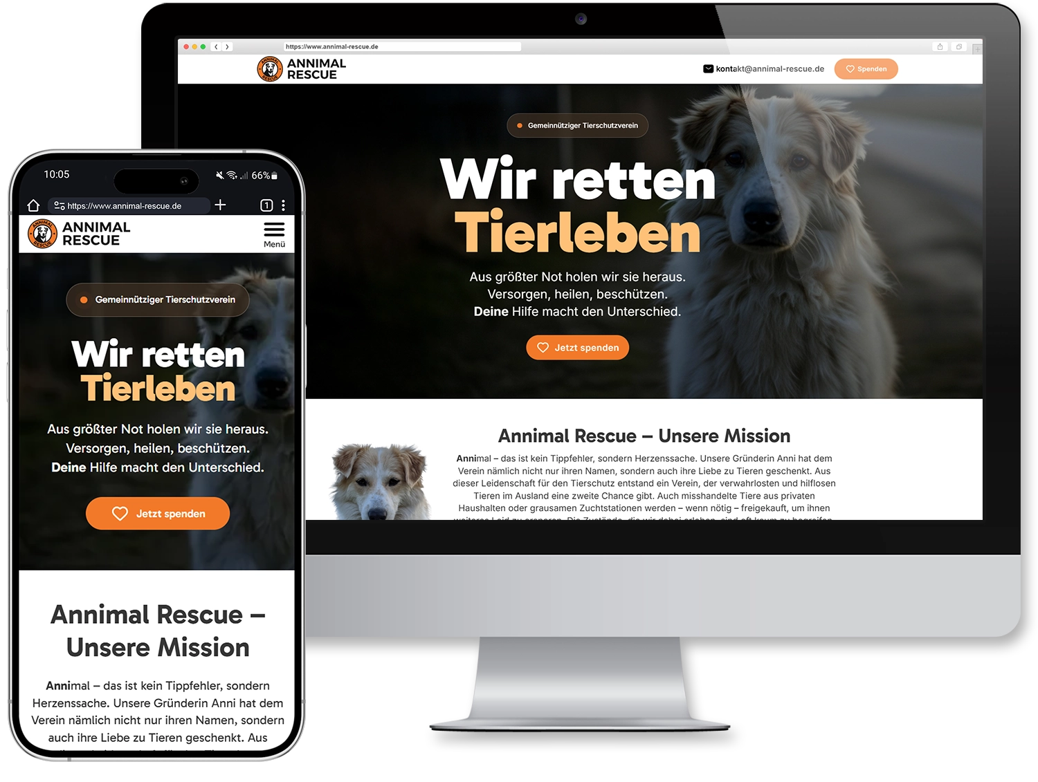 Responsive Webdesign Referenz von beluMedia - Annimal-Rescue.de - Herzensprojekt ♥ Website auf Desktop-Monitor und Smartphone mit modernem Design, Call-to-Action Buttons und Kontakt- sowie Spendenformular