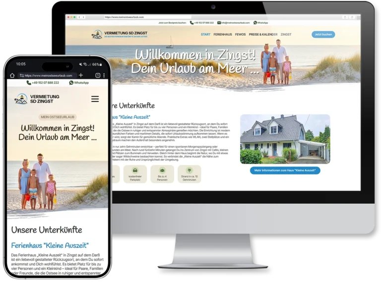 Website einer Ferienwohnung in Zingst, dargestellt auf iMac und iPhone