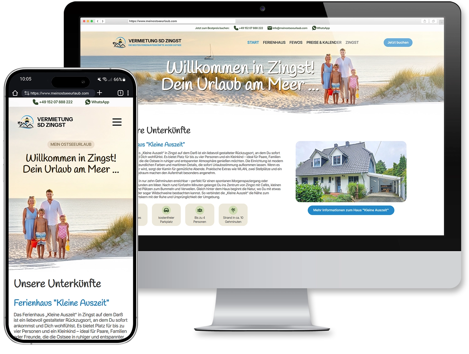Beispiel einer von mir gepflegten Website: Ferienwohnung in Zingst, dargestellt auf iMac und iPhone