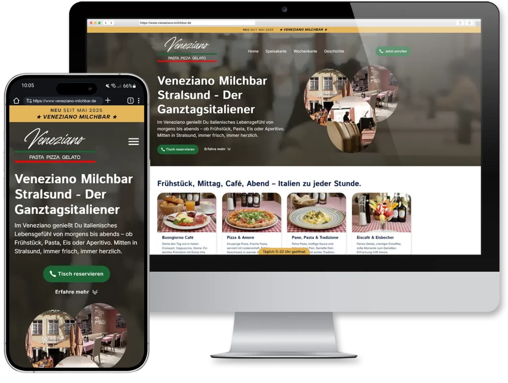 Restaurant Website für Veneziano Milchbar Stralsund von beluMedia Restaurant Website für Veneziano Milchbar Stralsund von beluMedia