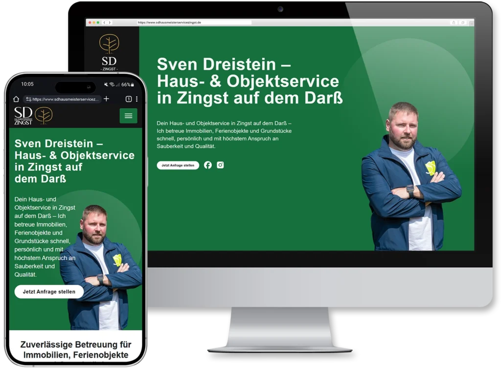 Responsive Webseite für Hausmeisterservice Sven Dreistein aus Barth auf Desktop und Smartphone