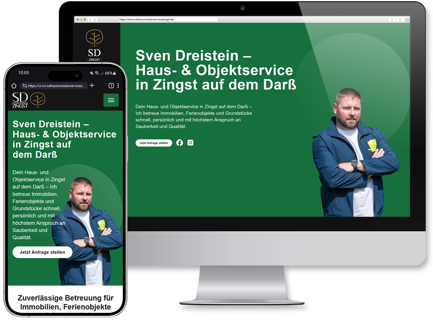 Beispiel einer von mir gepflegten Website: Hausmeisterservice aus Barth, dargestellt auf iMac und iPhone
