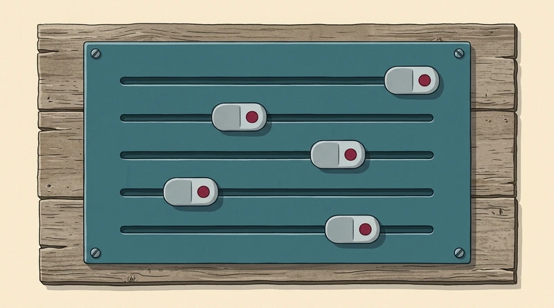 Editoriale Illustration eines Schaltpults mit fünf großen Schiebereglern in Teal und Creme als Symbol für Anfrage-Hebel