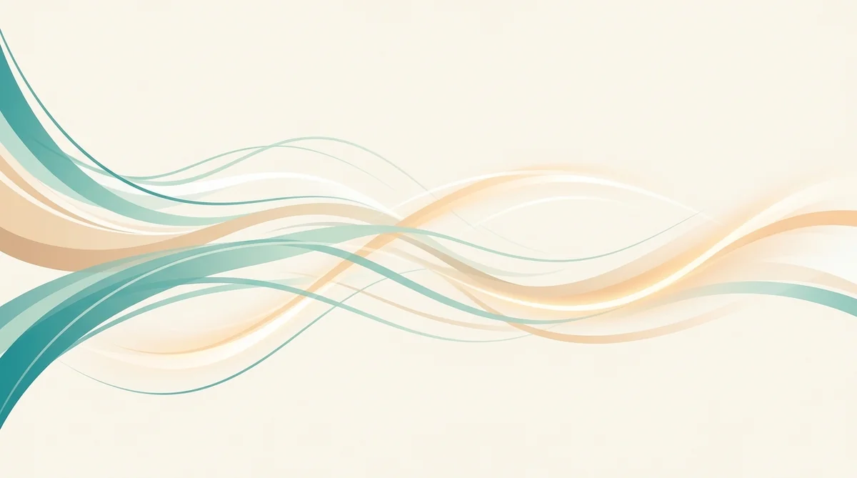 Flache Illustration elegant fliegender Linien und Lichtspuren die sanft nach rechts ziehen in Teal auf cremefarbenem Hintergrund als Metapher für Tempo