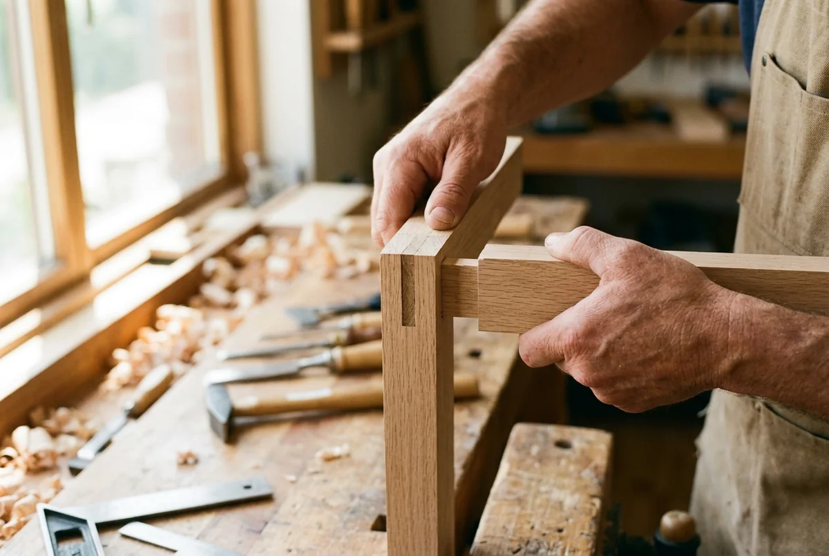 Nahaufnahme einer ruhigen Hand, die zwei präzise gefräste Holzbauteile zu einer Zinkenverbindung zusammenfügt, in einer hellen Werkstatt mit weichem Tageslicht