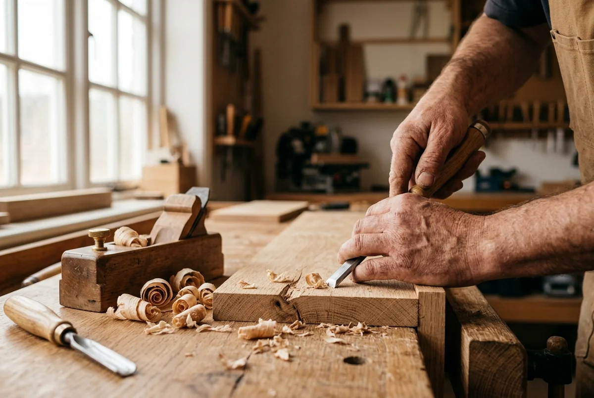 Naeheansicht der Haende eines Handwerkers beim sorgfaeltigen Einmessen eines Holzbretts mit einem Zollstock in einer hellen Werkstatt mit Werkzeugen im Hintergrund