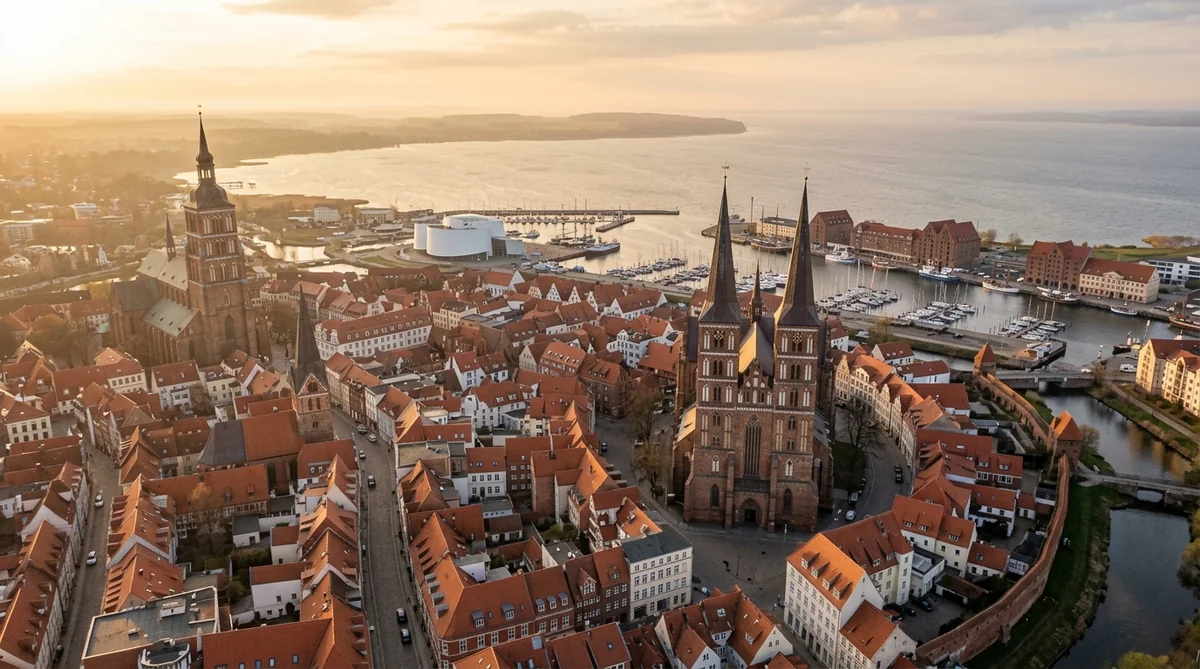 Luftaufnahme der Stralsunder Altstadt mit historischen Dachlandschaften, Hafen und Ostsee im Hintergrund bei warmem Licht
