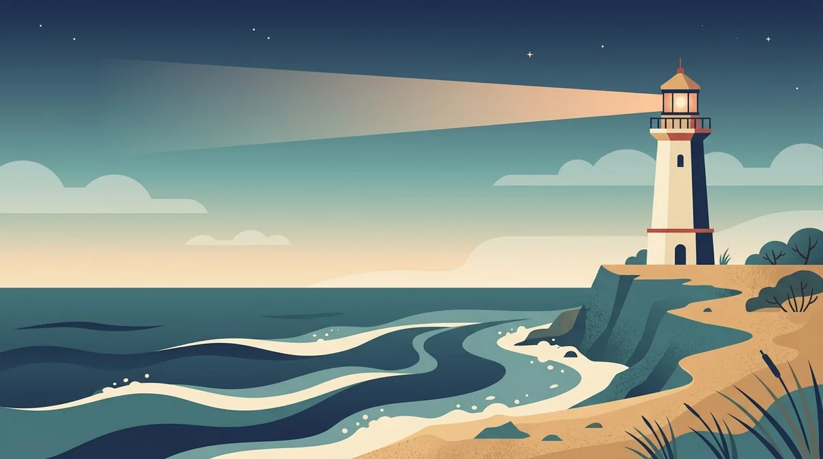 Flache zweidimensionale Illustration eines ruhigen Leuchtturms an der Ostseekueste mit weichem Lichtkegel über sanften Wellen in Teal und Sandfarben