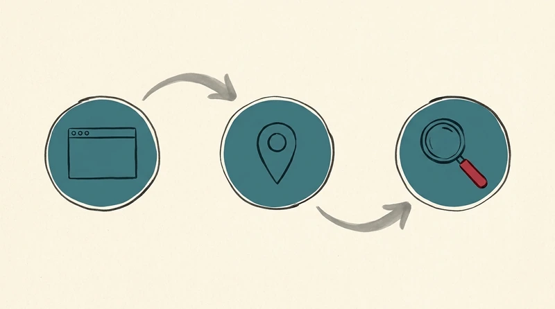 Diagramm zur lokalen Sichtbarkeit einer Praxis im Zusammenspiel von Praxiswebsite Google-Profil und Patientensuche