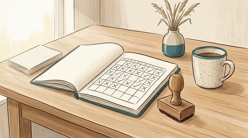 Illustration eines Holz-Schreibtisches mit Notizbuch, Visitenkarten-Stapel, Rabatt-Stempel und Strandgras als Sinnbild für Stammgast-Rebook-Strategie in einer Ferienwohnung