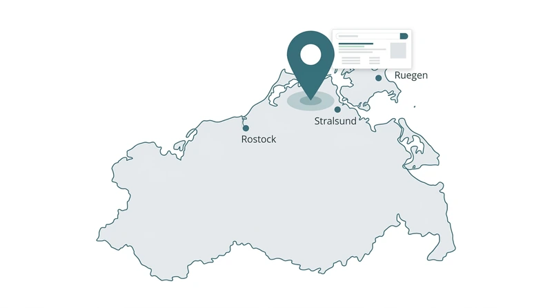Fotografen-Portfolio als Website: So werden Sie online gefunden und gebucht 3 Lokale SEO-Grafik mit Mecklenburg-Vorpommern-Karte und Standort-Pin für Fotografen-Sichtbarkeit bei Google