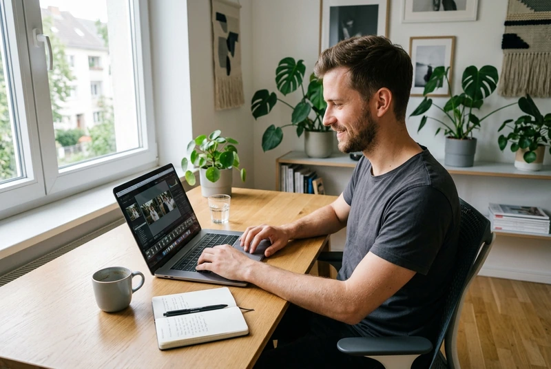 Fotografen-Portfolio als Website: So werden Sie online gefunden und gebucht 5 Fotograf bearbeitet Hochzeitsbilder am Laptop in heller moderner Arbeitsumgebung in Mecklenburg-Vorpommern