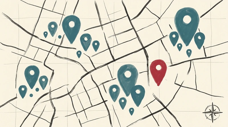 Lokale SEO für Ferienvermieter, abstrakte Karten-Pins auf handgezeichneter Rasterkarte symbolisieren regionale Auffindbarkeit an der Ostsee