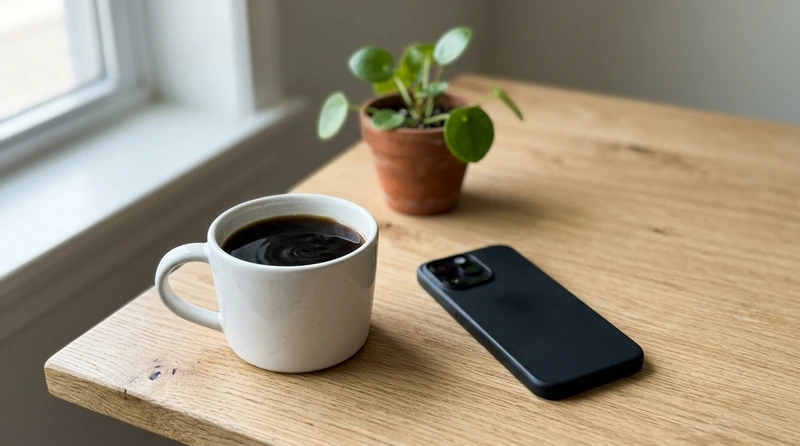 Ruhiger Arbeitsplatz am Fensterplatz mit Kaffeetasse, Smartphone und grüner Pflanze, wie er für das quartalsweise KI-Monitoring genutzt wird