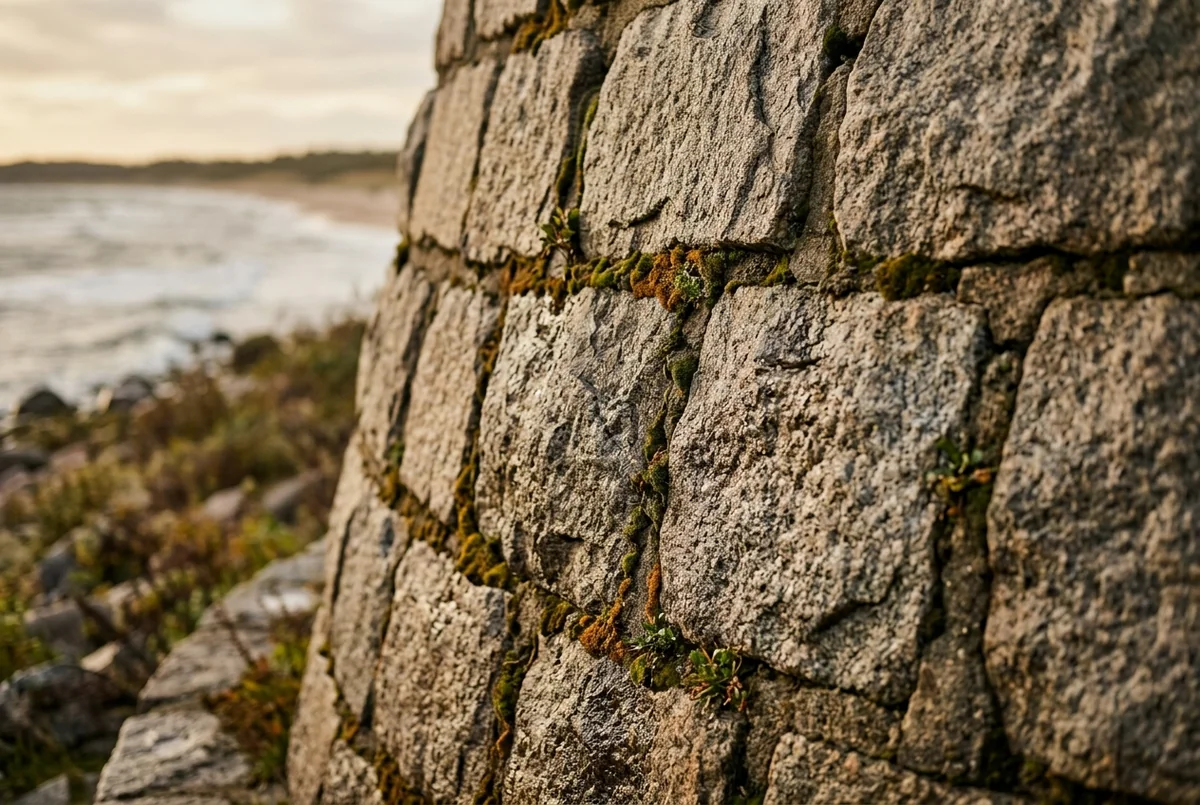 Nahaufnahme eines massiven Natursteinfundaments einer Kuestenmauer aus granitartigem Stein mit leicht moosigen Fugen und weichem Seitenlicht