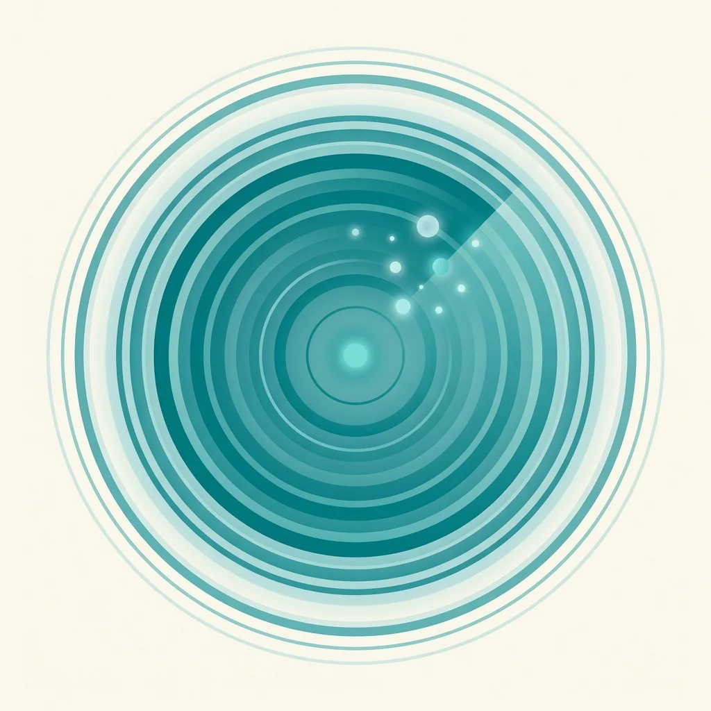Flache Illustration eines weichen kreisfoermigen Radarpulses in Teal auf einem cremefarbenen Hintergrund mit abstrakten geometrischen Punkten die ruhig leuchten
