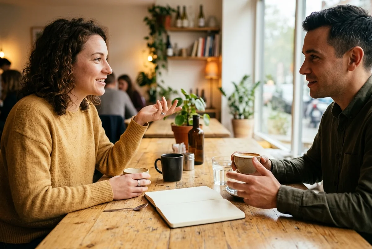 Zwei Menschen im Gespraech an einem hellen Holztisch mit Kaffeetassen und einem einfachen Skizzenblock ohne lesbaren Text, warmes Tageslicht