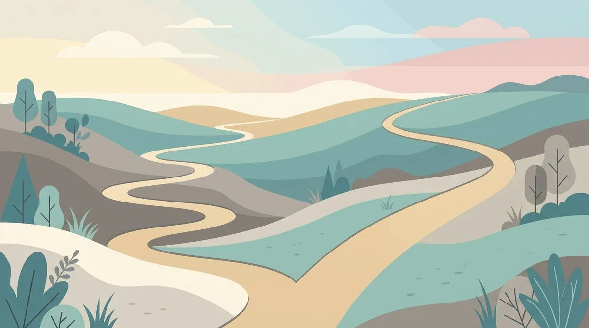 Flache zweidimensionale Illustration zweier divergierender Pfade durch eine sanfte Huegellandschaft unter einem ruhigen Himmel in Teal- und Sandtoenen