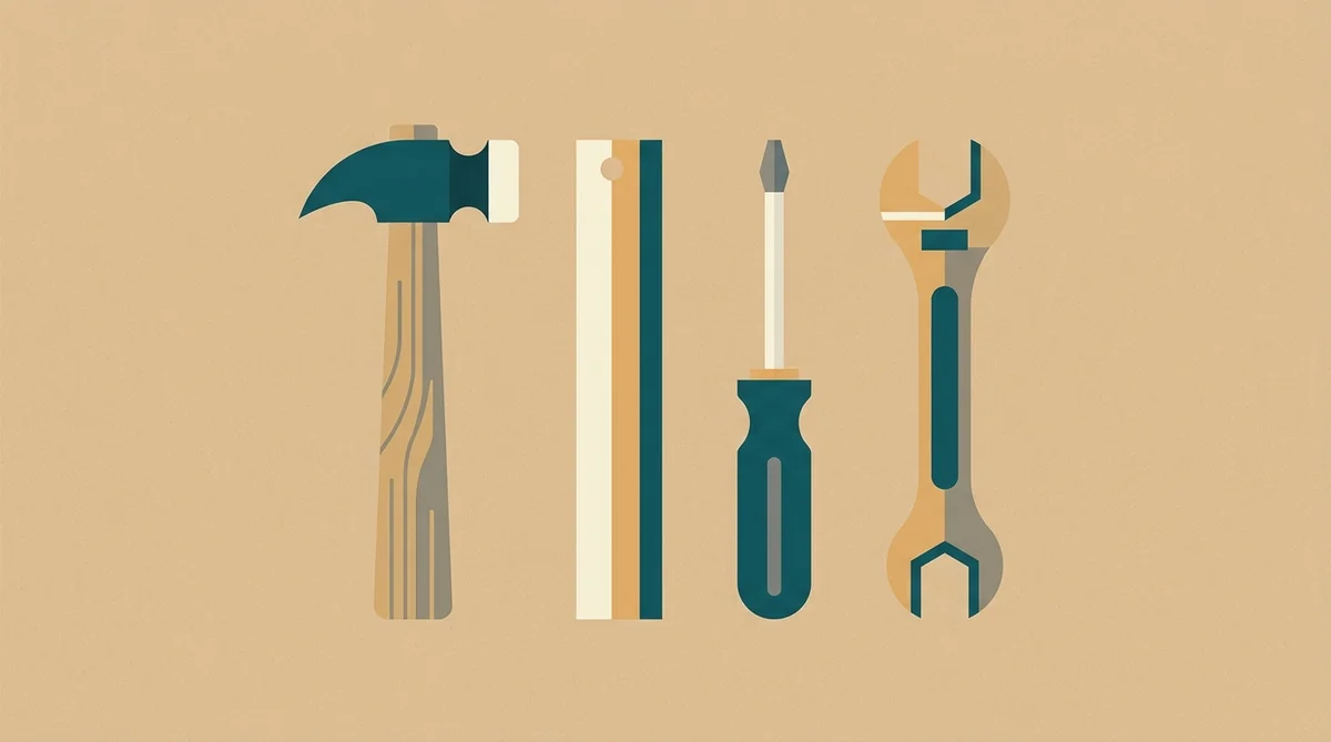 Flache Illustration eines aufgeraeumten Werkzeugkastens aus der Vogelperspektive mit geometrisch stilisiertem Hammer, Zollstock und Schraubenzieher in Teal- und Sandtoenen