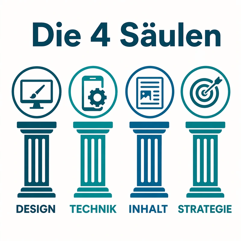Die vier Säulen einer professionellen Website: Strategie, Technik, Content und Design für automatische Kundengewinnung