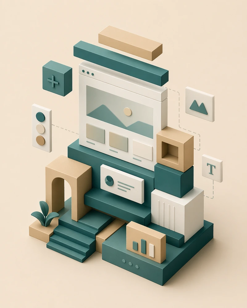 Flache zweidimensionale Illustration abstrakter geometrischer Bausteine die zu einer klaren Form zusammengesetzt werden in Teal- und warmen Sandtönen