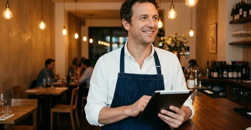 Restaurant-Inhaber lacht zufrieden mit Tablet in der Hand und prüft eingegangene Reservierungen am Tresen seines Lokals