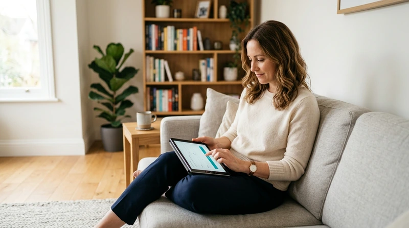 Patientin bucht Praxistermin per Tablet Patientin sitzt entspannt mit einem Tablet auf dem Sofa und füllt eine Online-Terminanfrage einer Hausarztpraxis aus