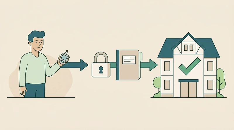 DSGVO-Datenfluss Patient zu Praxis Illustration eines klar dokumentierten DSGVO-Datenflusses zwischen Patient und Arztpraxis mit Aktenordner, Schloss-Symbol und gerichteten Pfeilen ohne Drittanbieter