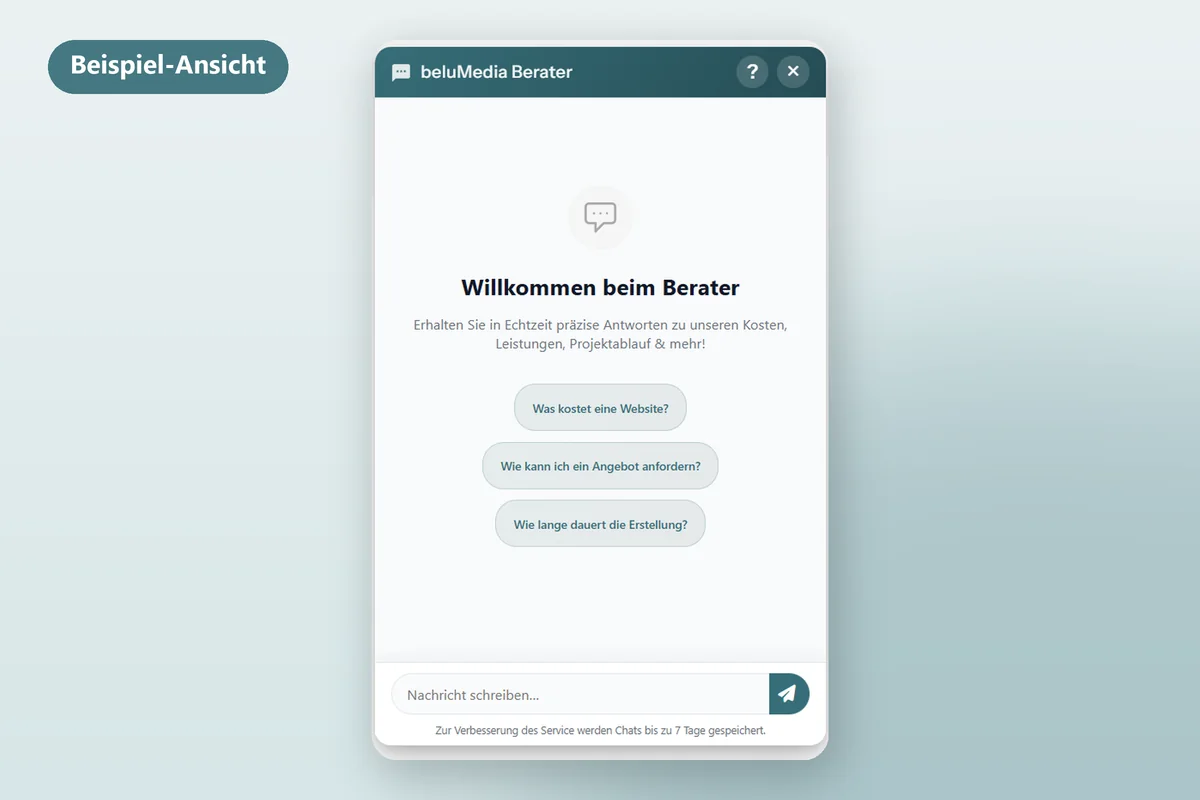 Beispiel-Ansicht des beluMedia KI-Chat-Beraters auf einer Website
