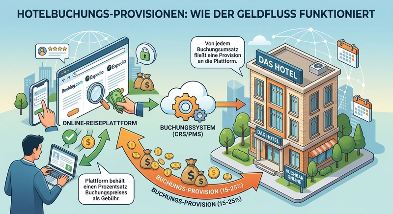 Illustration zeigt wie ein Teil des Hotelumsatzes als Provision an Online-Buchungsportale abfließt