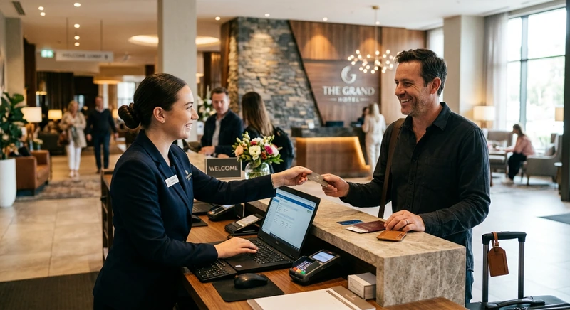Gast an einem Rezeptionstresen eines kleinen Hotels mit Laptop und Buchungsunterlagen am Empfang