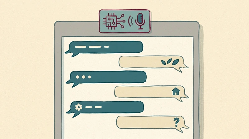 Illustration eines Chatfensters auf einer Website mit deutlich sichtbarem Hinweis dass eine KI antwortet