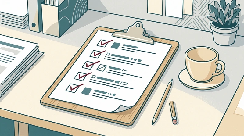 Illustration einer aufgeräumten Checkliste mit abgehakten Punkten zur KI-Kennzeichnung einer Website