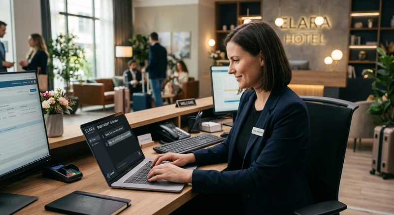 Hotelinhaber sitzt mit Laptop am Empfangstresen und prüft den KI-Chatbot auf seiner Buchungsseite