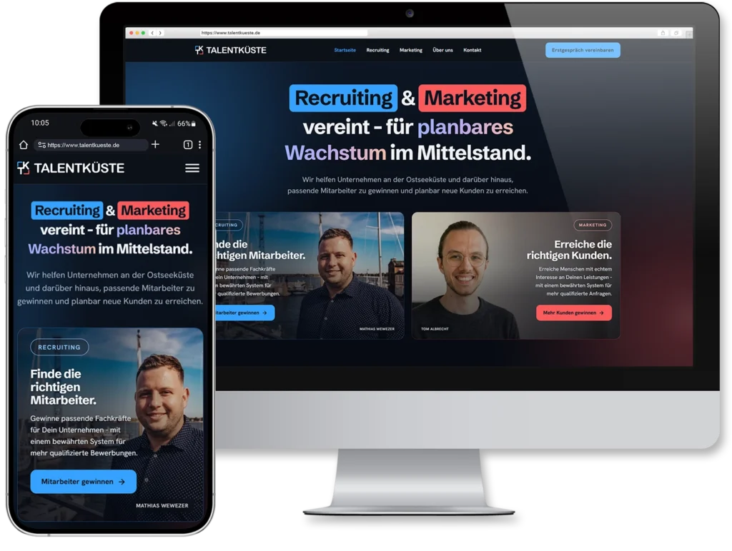 Mockup der Website talentkueste.de auf Laptop und Smartphone, Startseite mit Hero-Bereich in Rot und Blau